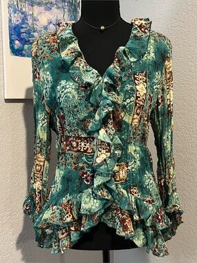 Y2K Green and Brown Floral Blouse with Ruffles